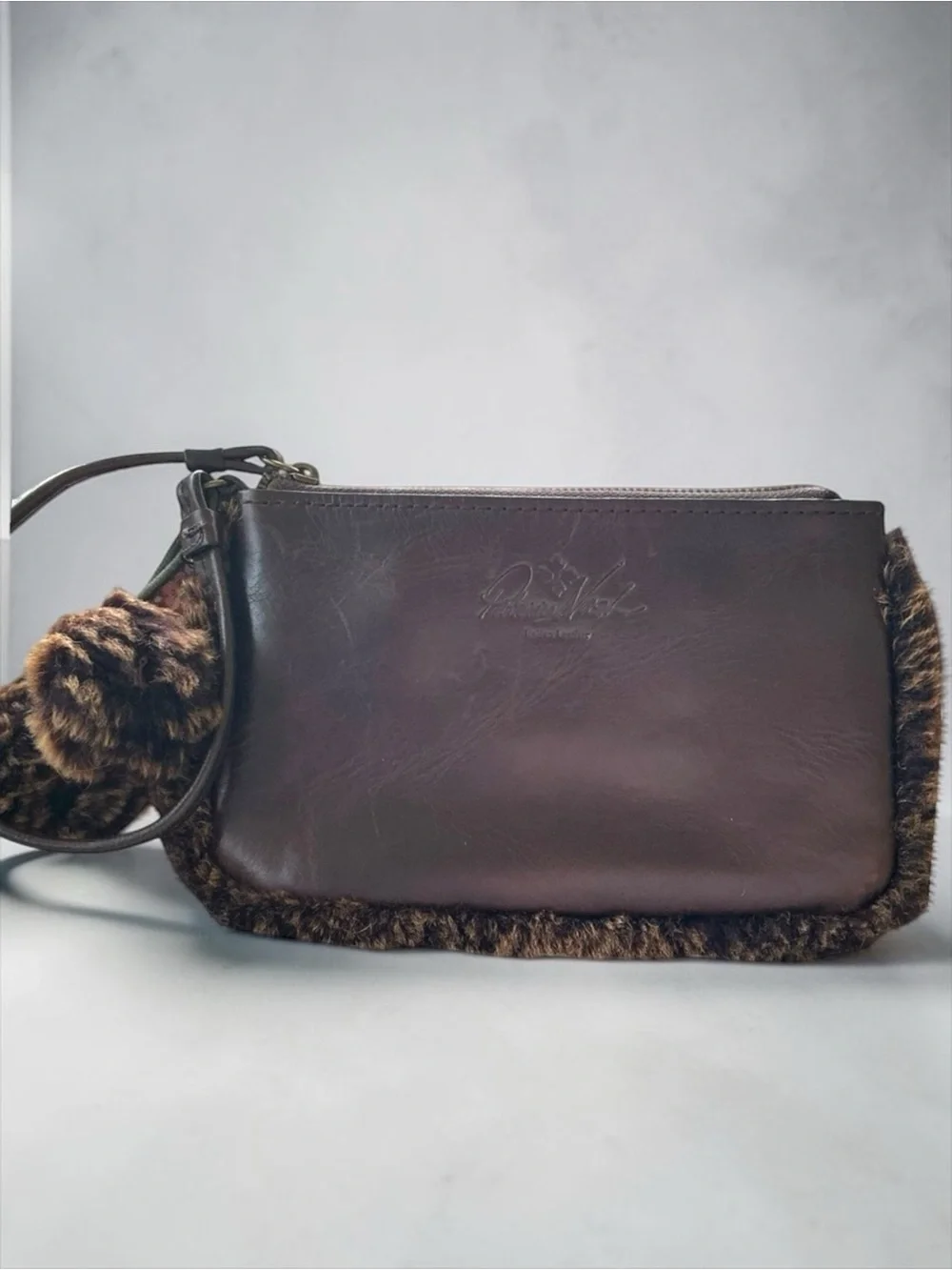 Patricia Nash Brown Leather Faux Fur Trim Wristlet Clutch Zip Pouch